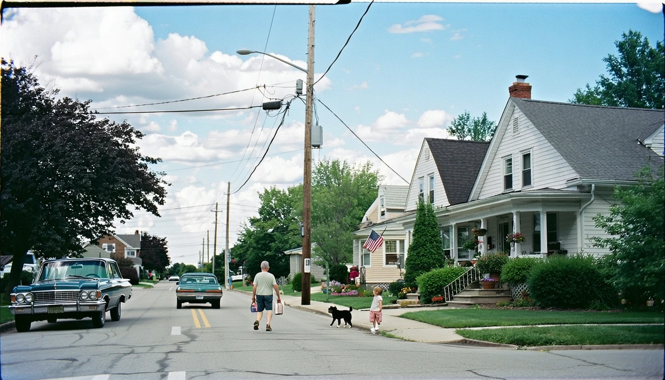A residential street corner in Mclean with modest homes, an old car parked on the curb, a father and daughter walking their dog on the sidewalk.