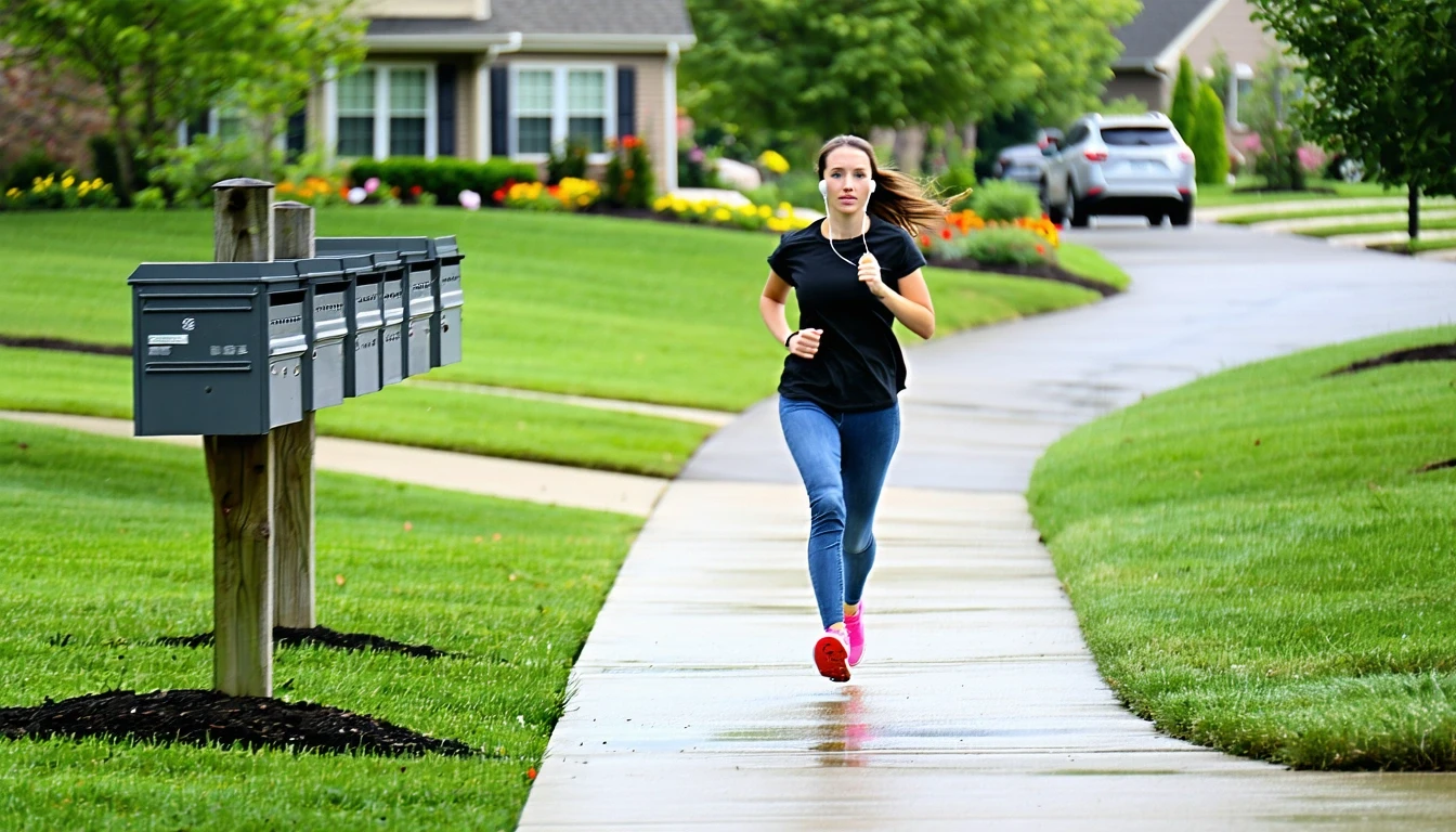A curving suburban sidewalk in Fairfax passing a cluster of mailboxes on a post, with a woman jogging by and homes visible in the background.