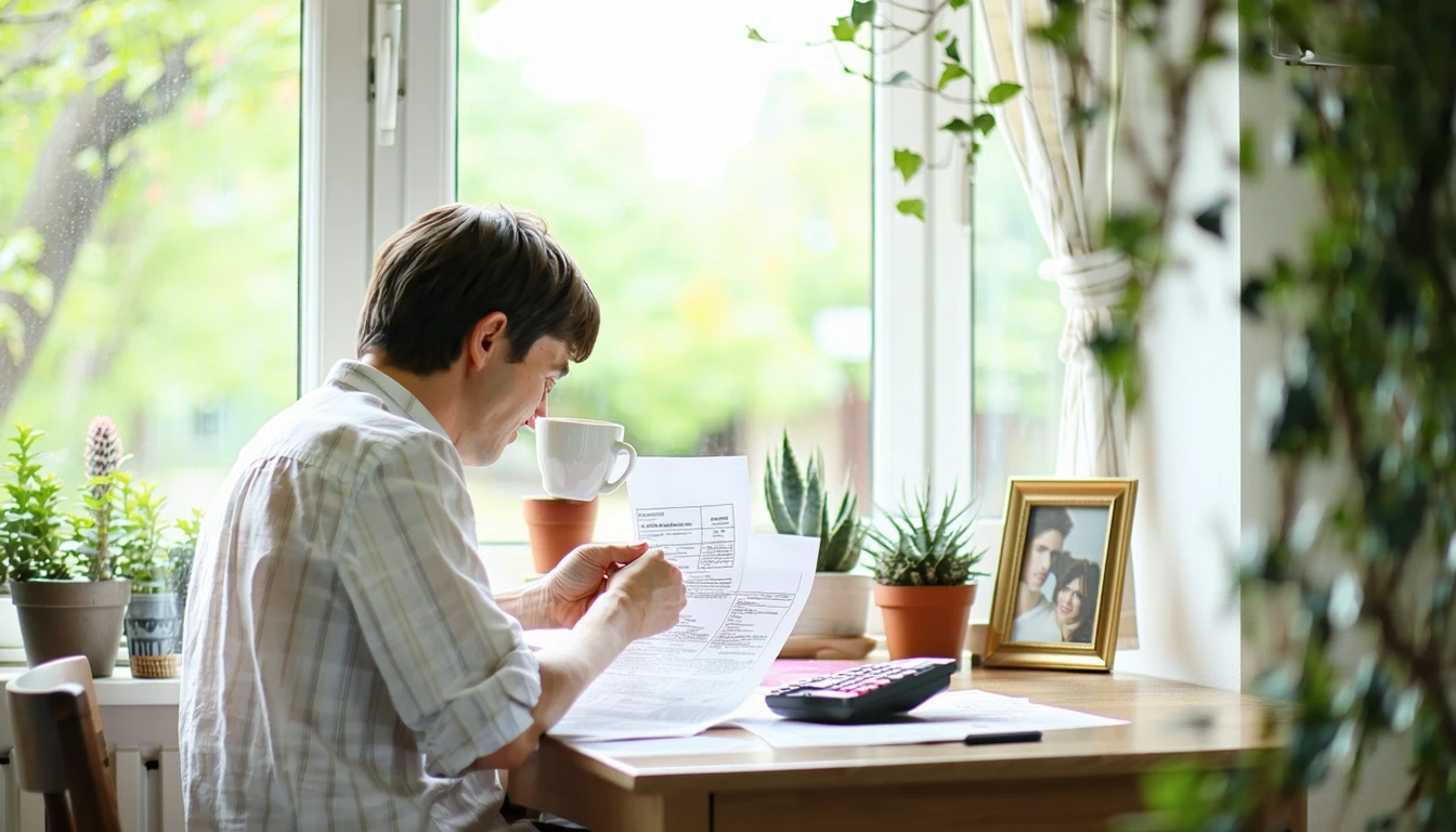 Person reviewing bills and using calculator at kitchen table in Mclean, VA home.