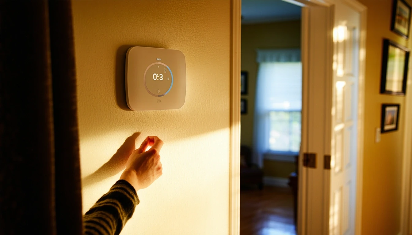 A hand adjusting a smart thermostat in a residential hallway.