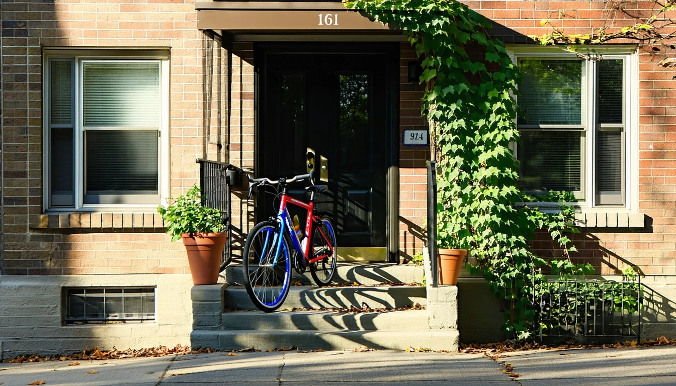 An apartment building in Chester, Pennsylvania with bikes resting by the front steps and potted plants near the shaded doorway.