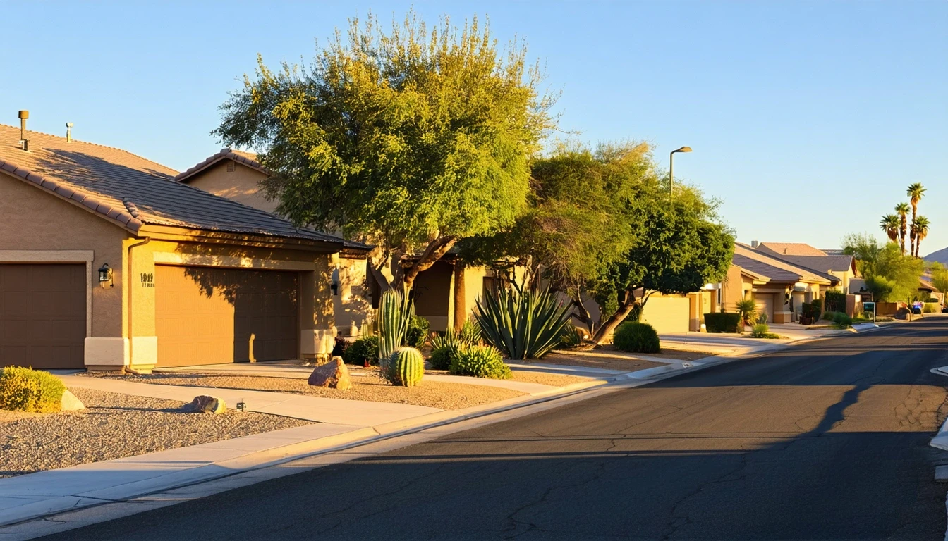 Quiet residential street in Mesa at sunrise with single-story homes and desert trees casting long shadows