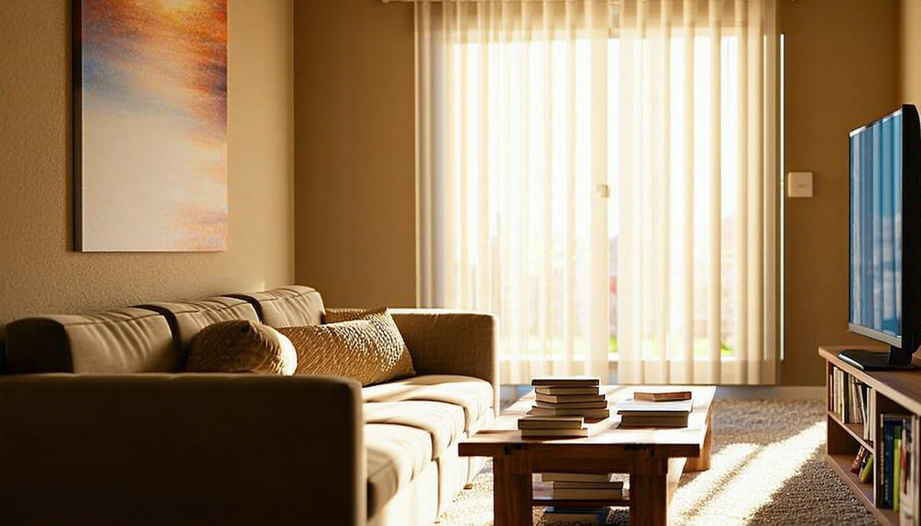 Sunlit living room in Mesa with couch, bookshelf, and desert view through curtains