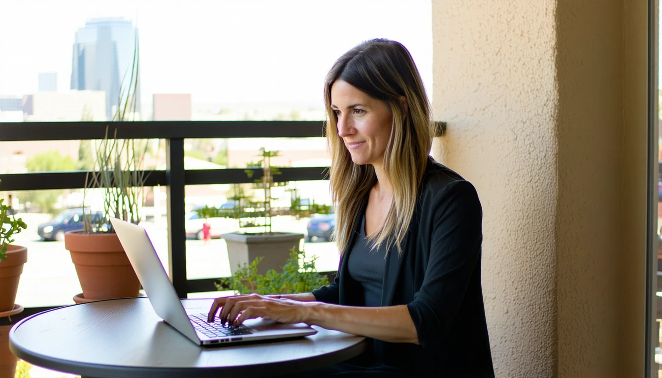 Woman works on laptop on apartment balcony with view of Phoenix skyline