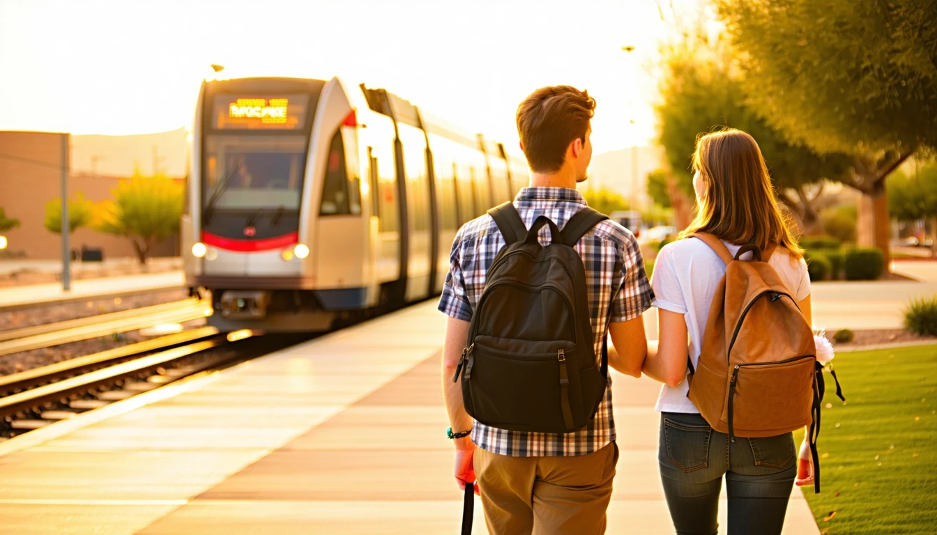 Couple waiting to board light rail train at sunset near ASU campus in Tempe, AZ