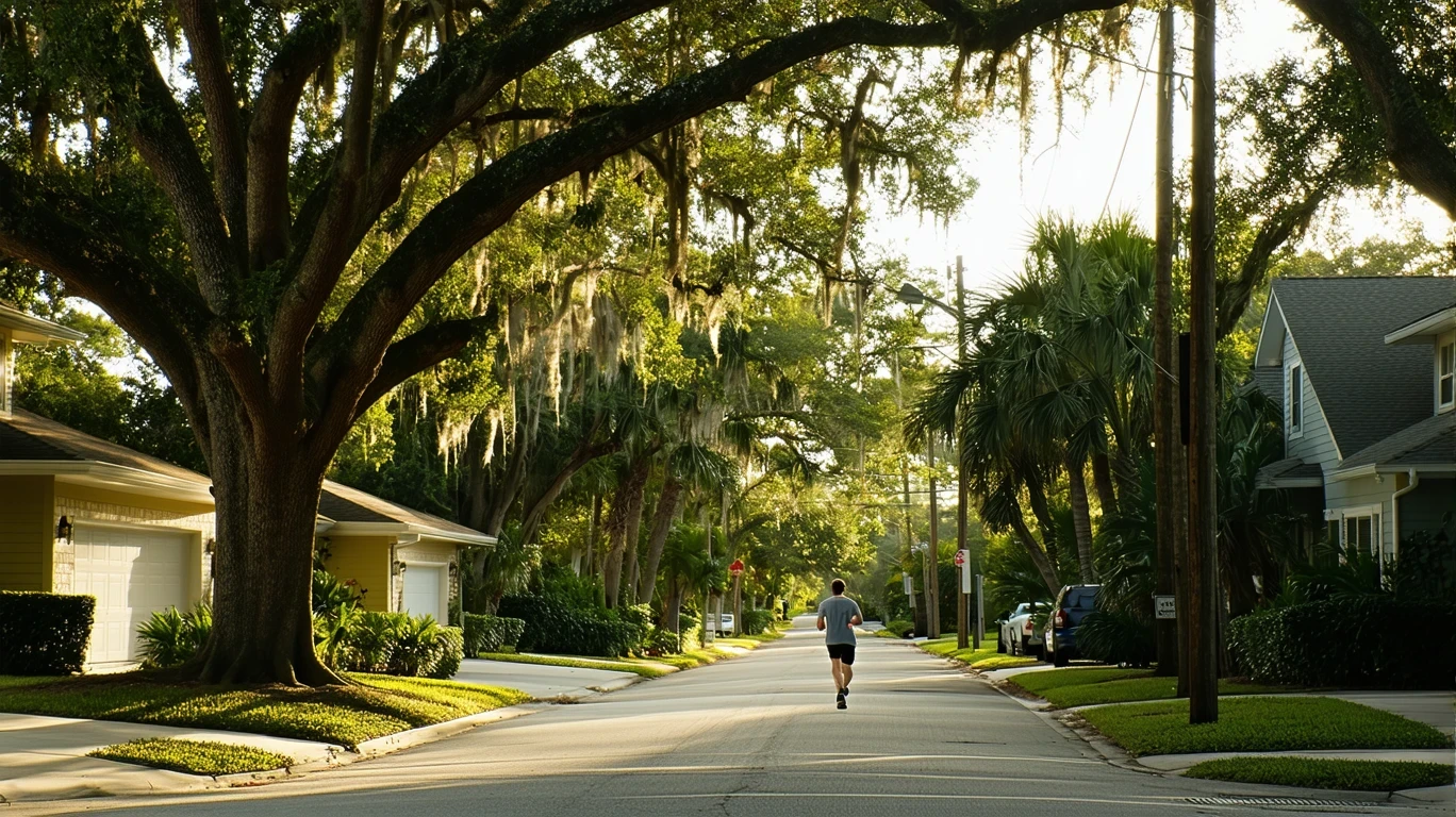 Tree-lined residential street in Fort Lauderdale with sunlight filtering through maple leaves and a jogger in the distance.
