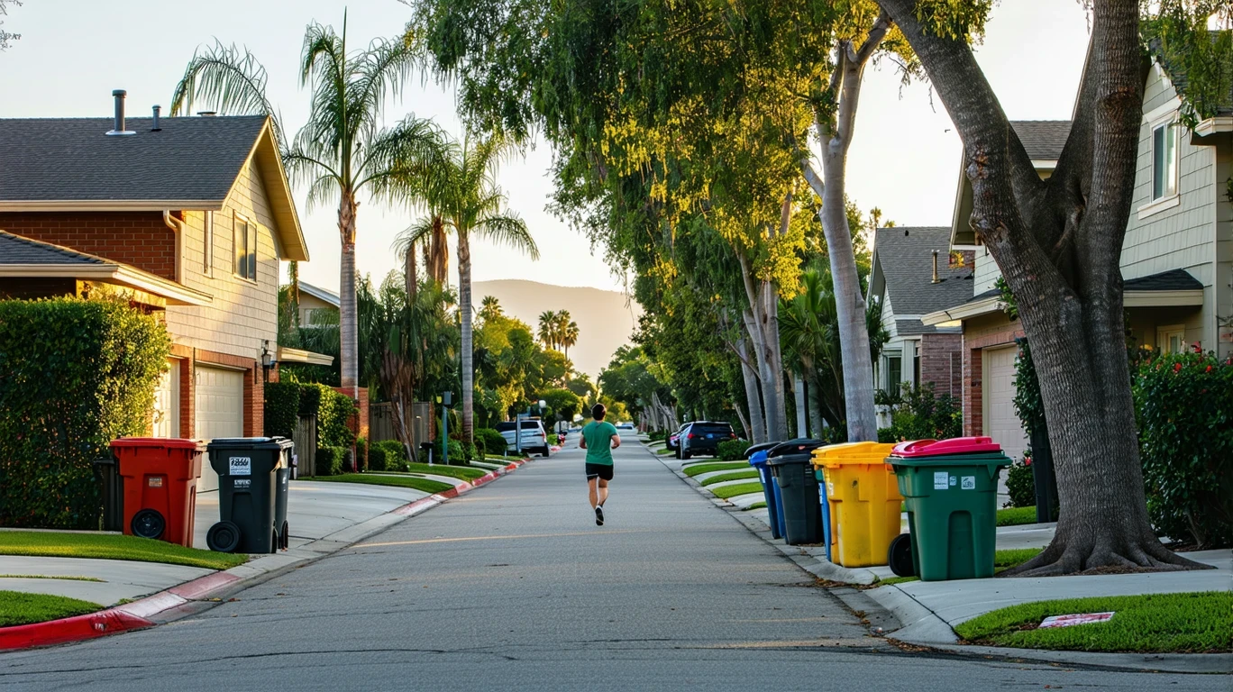 A peaceful morning street in Hollywood with red-brick houses, tidy lawns, and a jogger passing by.
