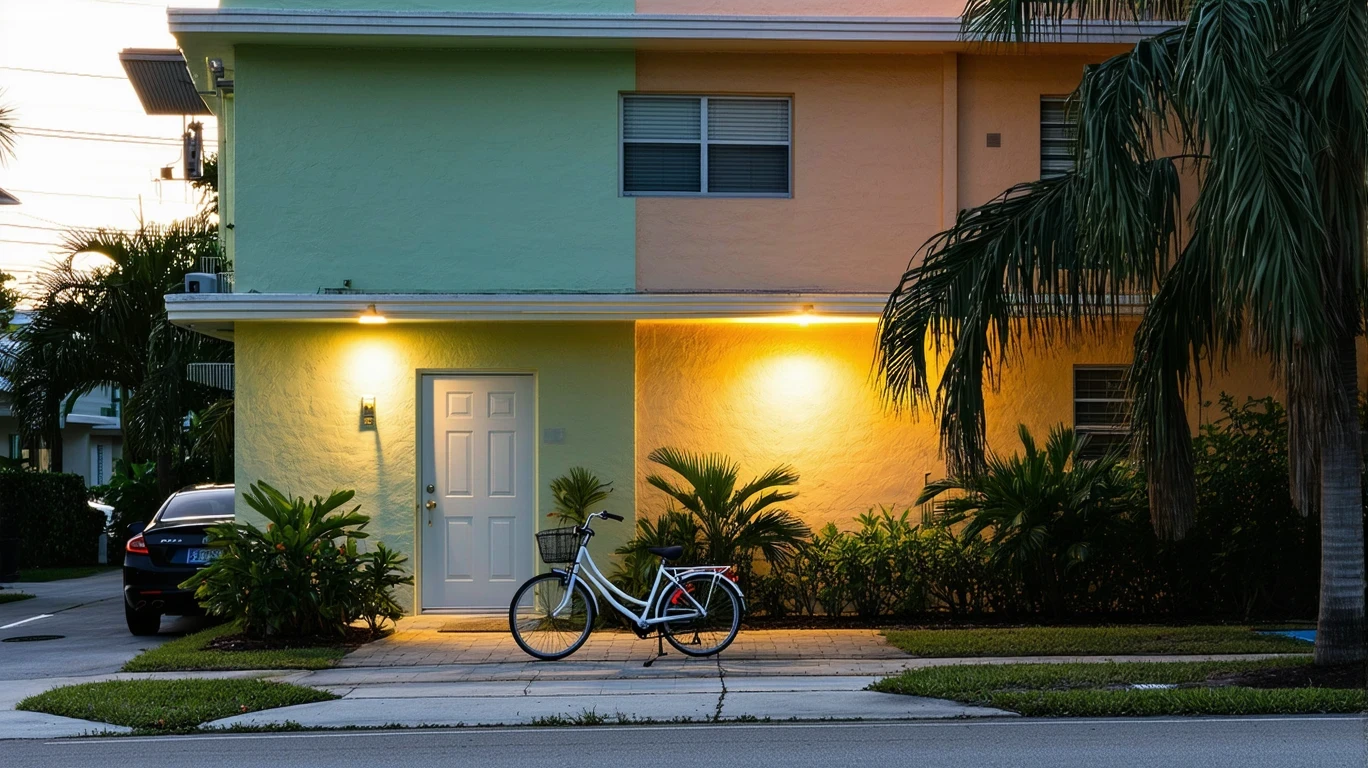 Dusk view of a Miami cul-de-sac with art deco apartments, porch lights, and a child's bicycle by the curb.