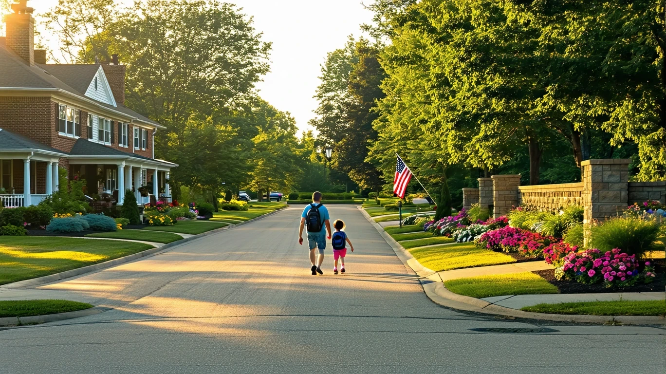 The entrance to a suburban cul-de-sac with brick homes, landscaping, and morning shadows in Mason, Ohio.