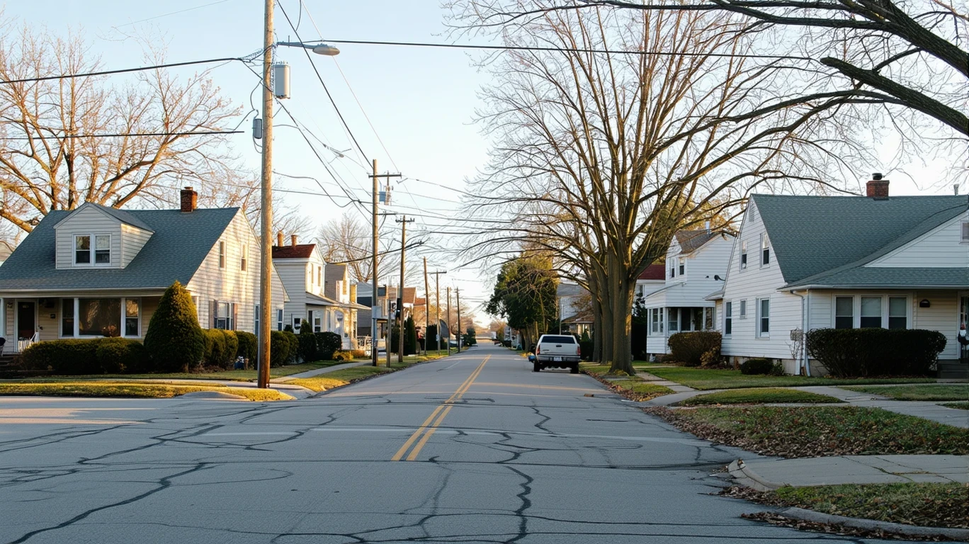 Residential intersection in Fairfield, Ohio with small homes, uneven lawns, parked car, and overhead lines.
