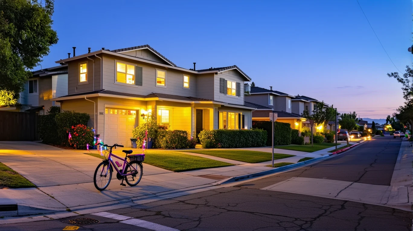 A cul-de-sac in Santa Clara, California at dusk with porch lights turning on, a child's bicycle near the curb, and well-maintained homes surrounding the street.