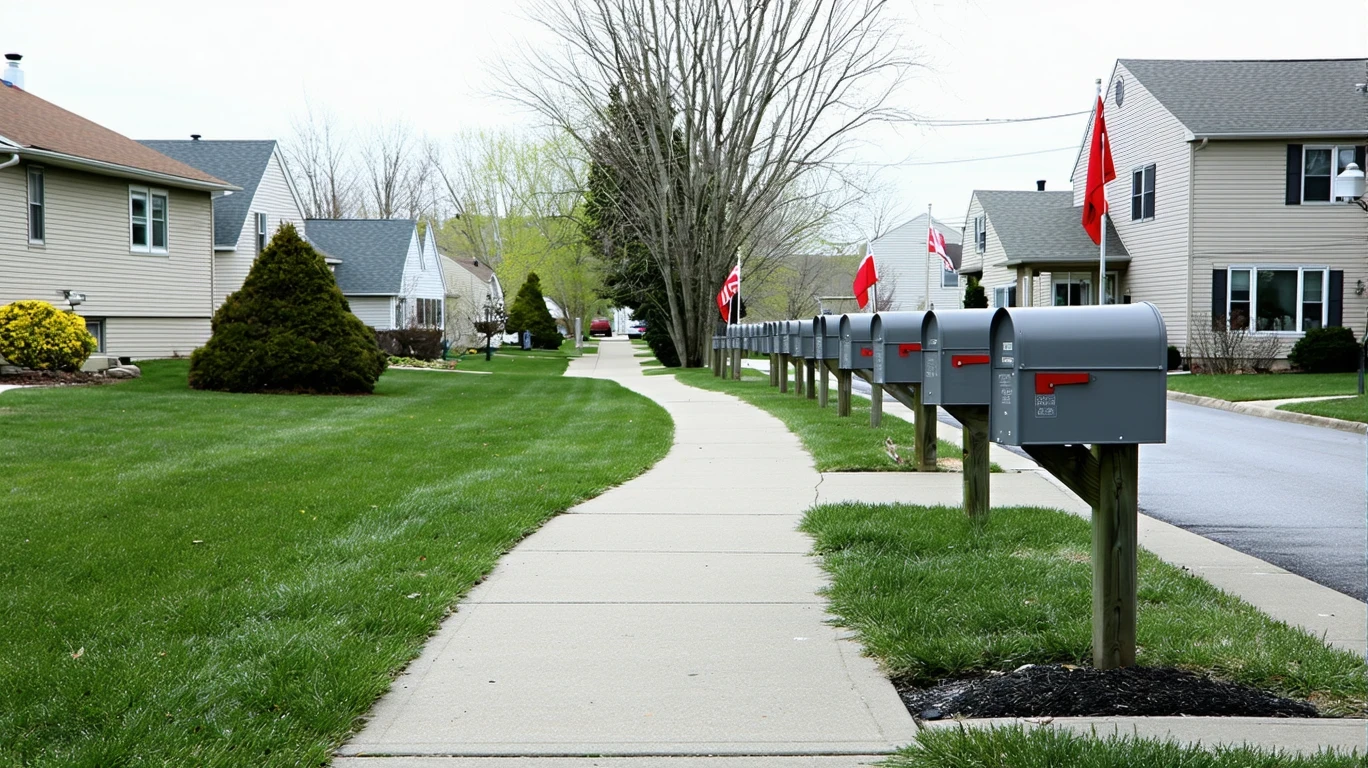 A suburban neighborhood sidewalk in Plymouth lined with mailboxes on a cloudy, wet day, with homes and lawns visible in the background.