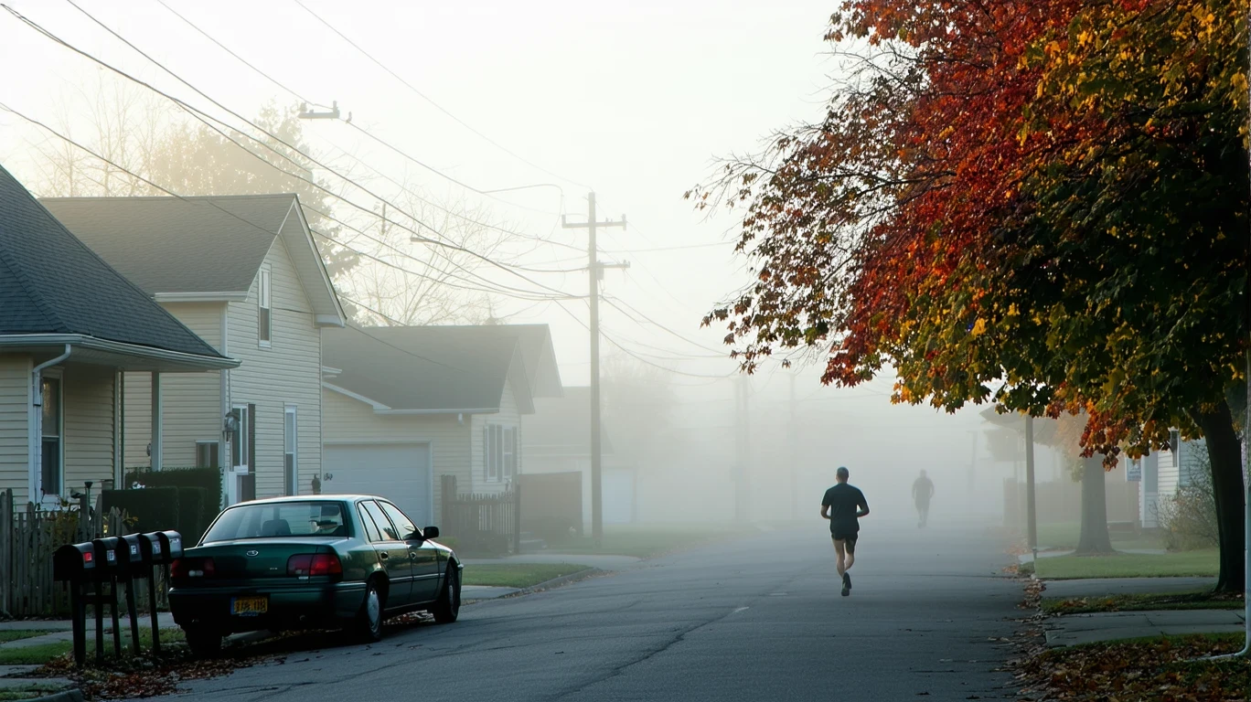 A foggy morning street in Saint Paul with mailboxes, a parked car, and a jogger in the distance under a maple tree.