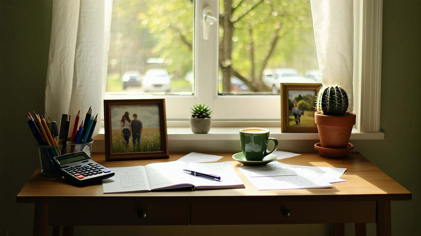 A home office desk by a window with bills, a calculator, coffee mug, and planner.