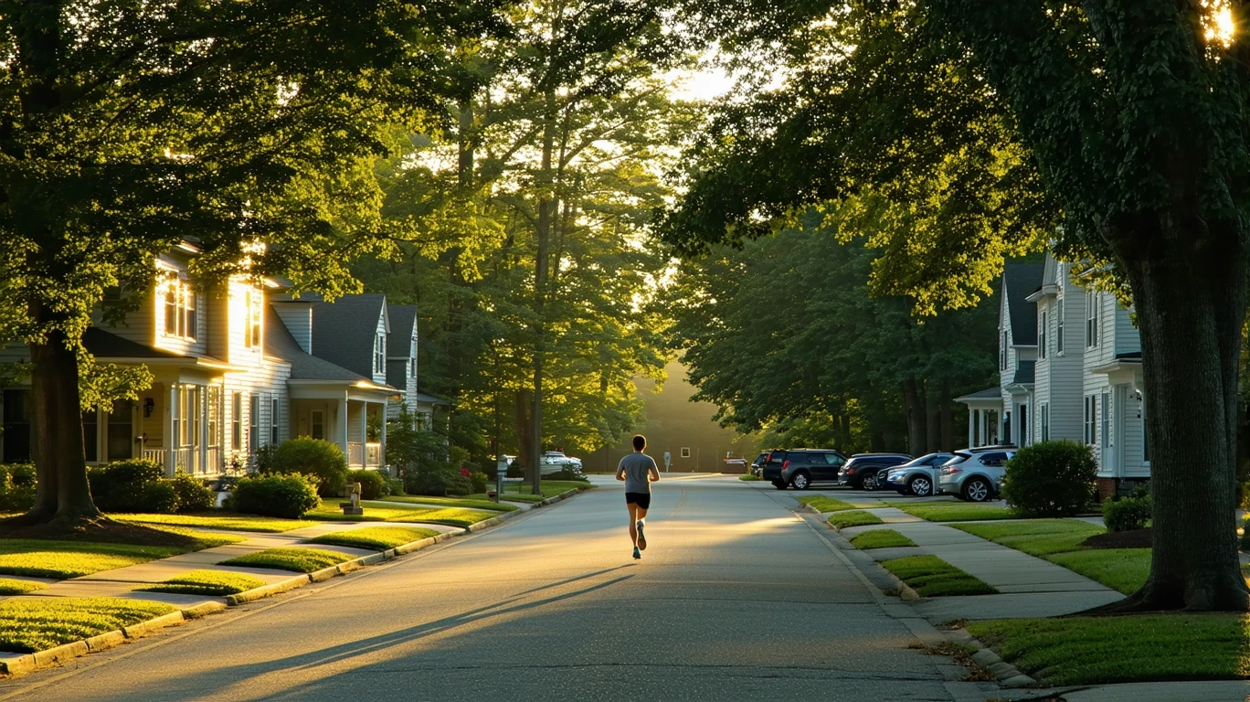 A peaceful residential street in Mint Hill, NC at sunrise with one-story homes, mature trees, and a jogger on the sidewalk.