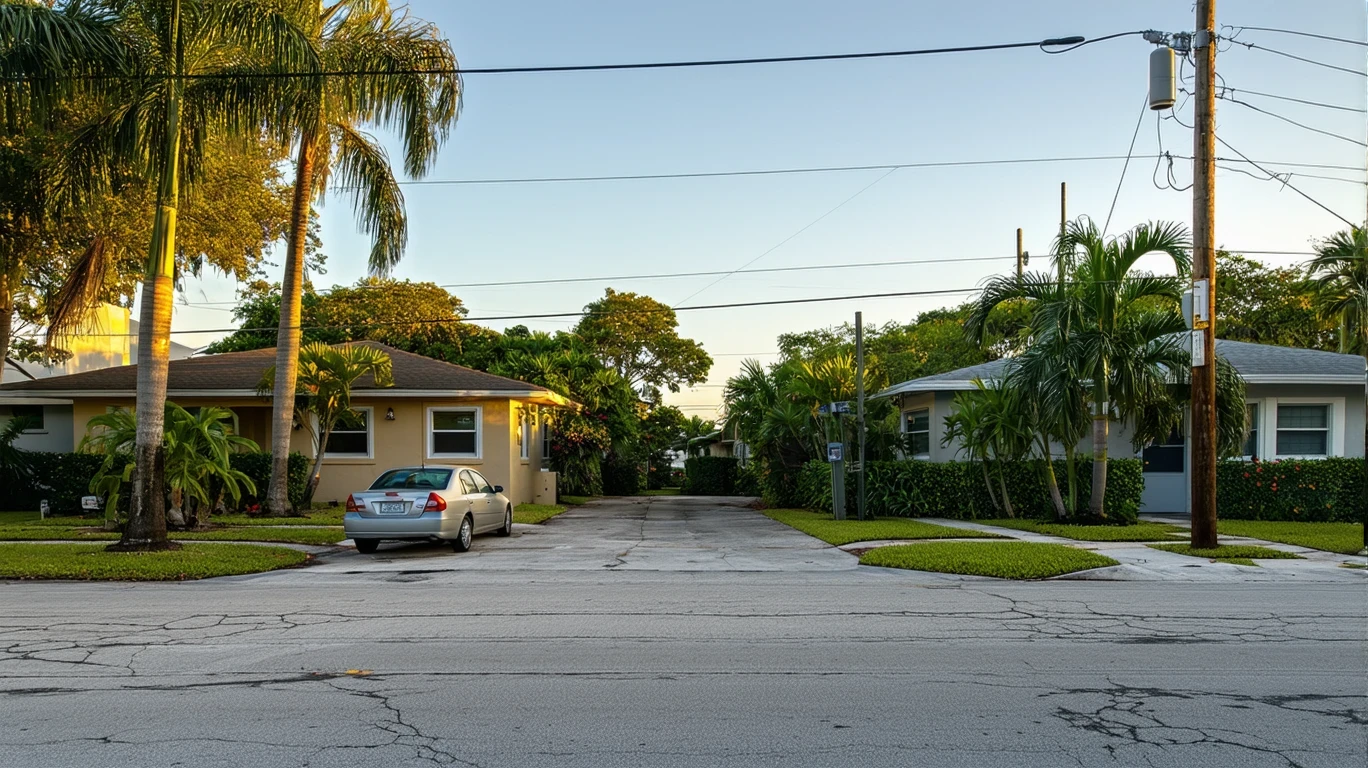 A residential street corner in Fort Lauderdale with small homes, patchy lawns, and an old car parked on the curb.