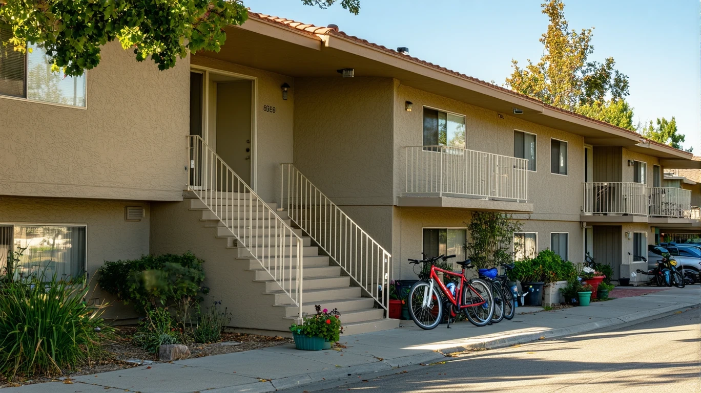 A small stucco apartment building in Santa Clara with potted plants, two bicycles, and a quiet surrounding street on a sunny morning.