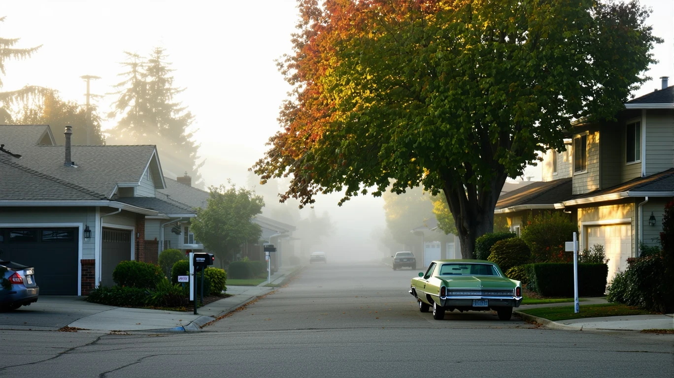 A foggy morning street scene in an older Sunnyvale neighborhood, with parked cars, mailboxes, and a maple tree with changing leaves.