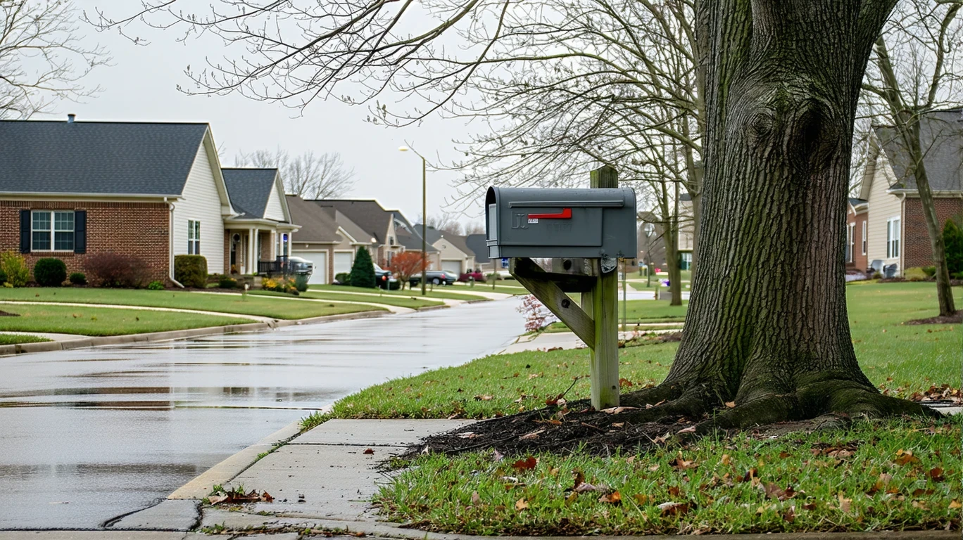 A curving sidewalk in a Durham, NC neighborhood with a cluster of mailboxes near the curb and wet pavement on a cloudy day.
