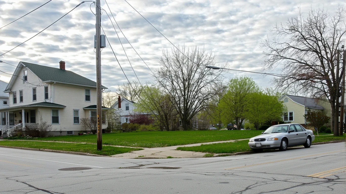 A residential street corner in Nicholasville, KY with small yards, an older parked car, and visible power lines overhead on a partly cloudy day.