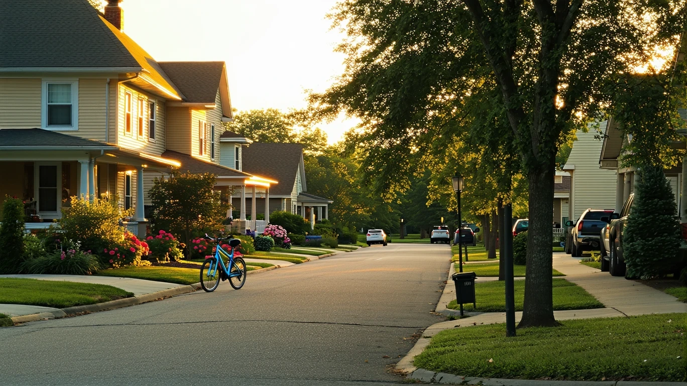 A cul-de-sac in Versailles, Kentucky at dusk with two-story homes, porch lights turning on, and a child's bicycle near the curb.