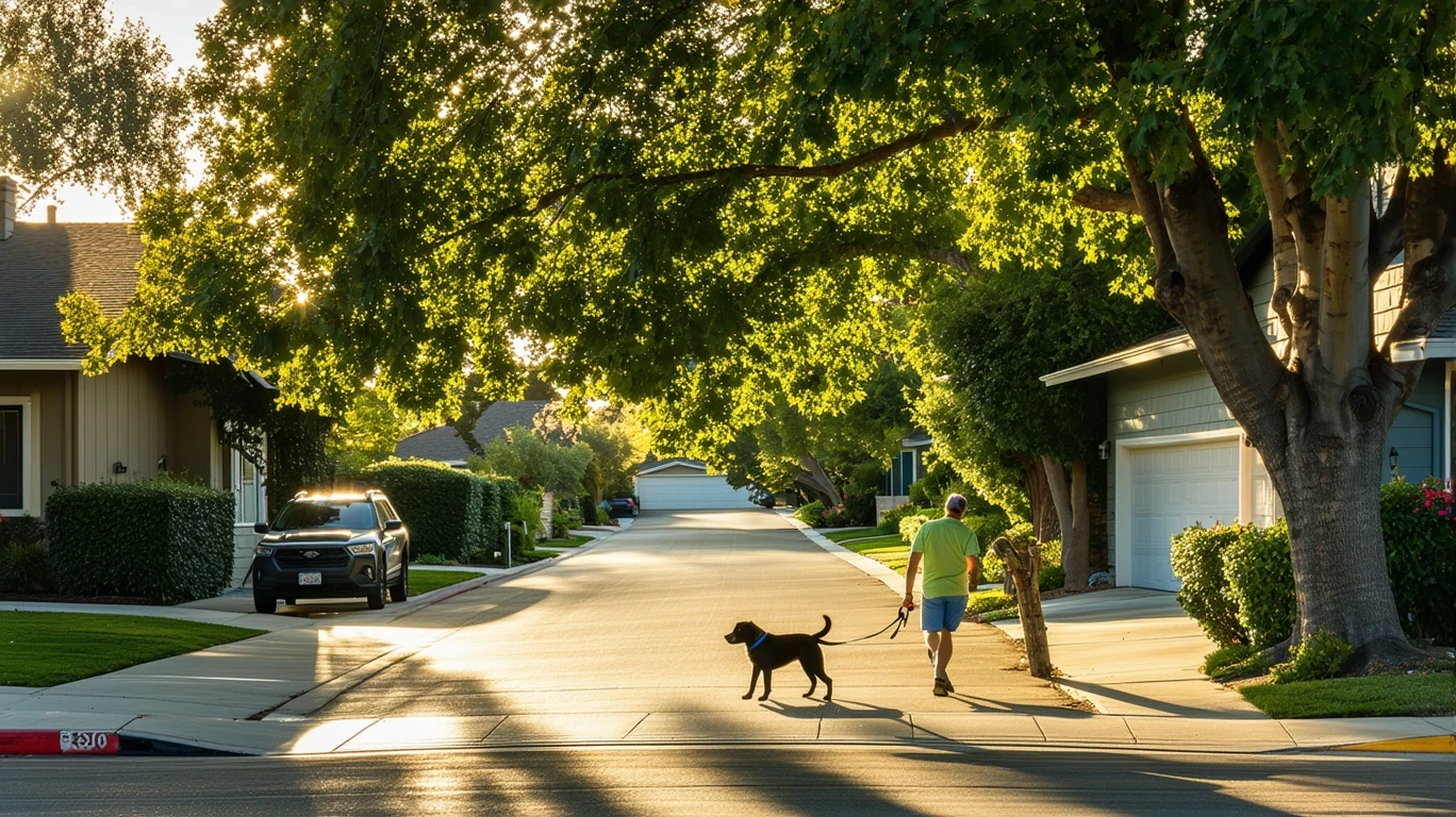 A tree-lined street in Sunnyvale, California with ranch-style homes, telephone wires, and a man walking his dog.