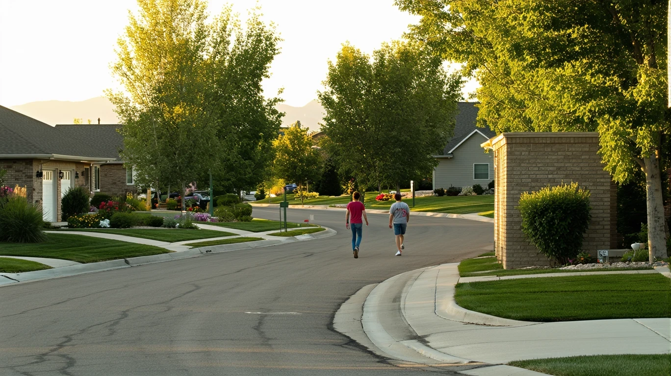 The entrance to a cul-de-sac in Taylorsville, Utah, with a low brick wall, native landscaping, and a couple walking down the sidewalk in the early evening.
