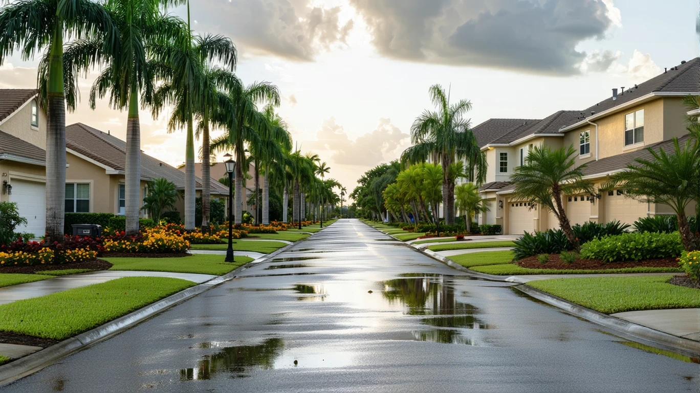 A suburban avenue lined with palm trees and homes after a rain shower, with puddles on the street.