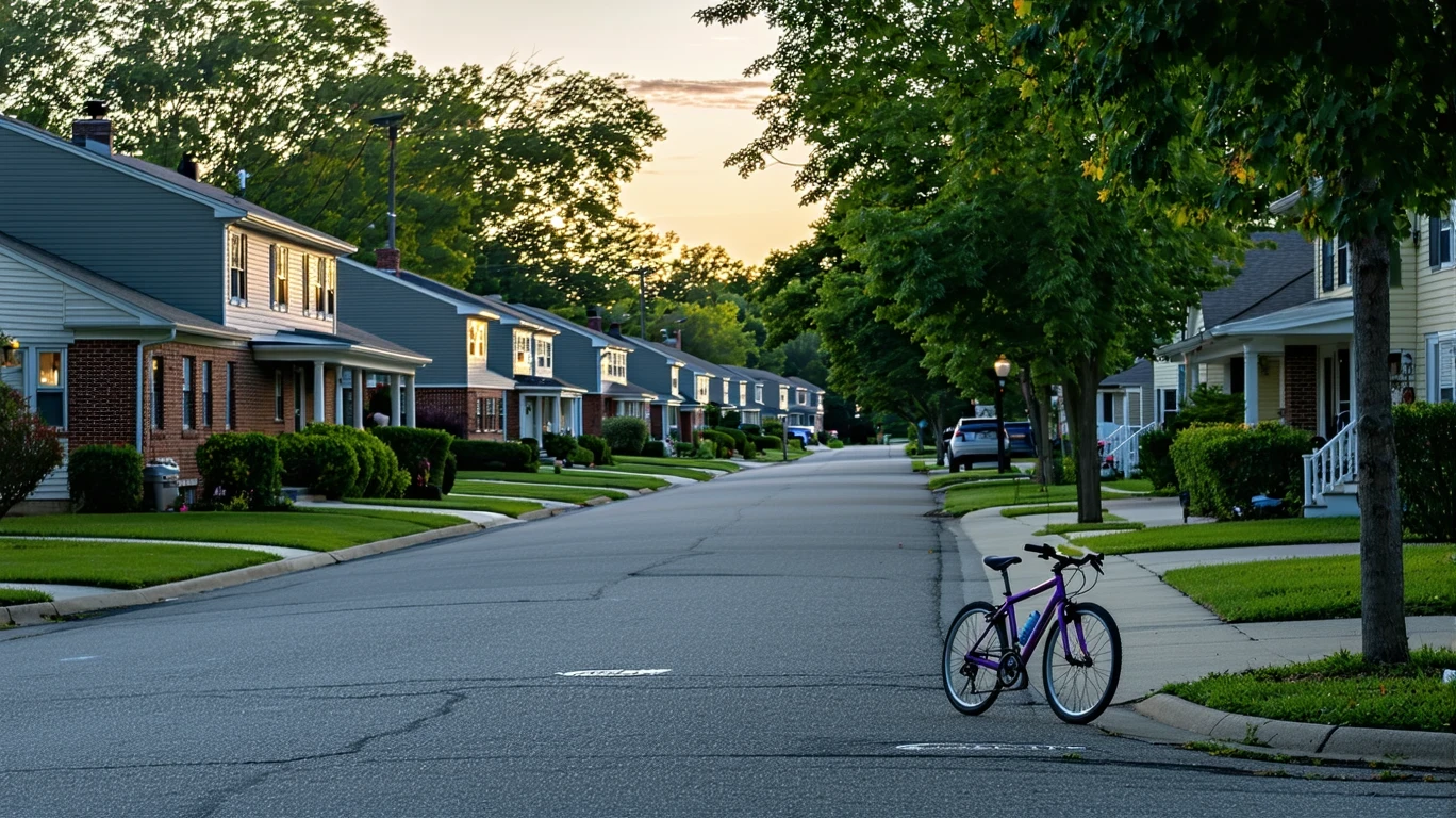 A peaceful cul-de-sac in a suburb at dusk, with porch lights turning on and a child's bicycle by the curb.