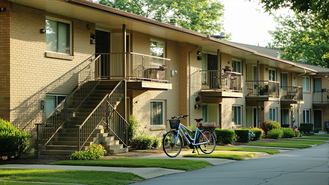 Row of garden apartments in Dublin with varied facades, potted plants, bicycles resting on railings, and mature shade trees.