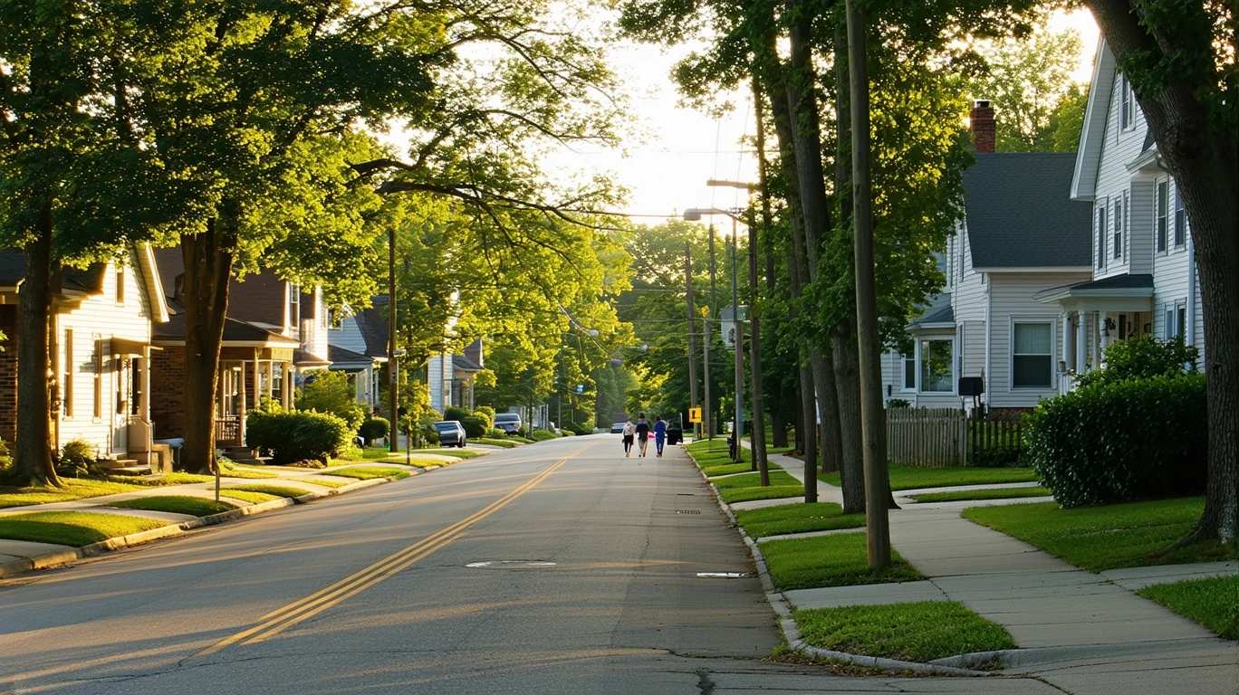 A residential street in Columbus, Ohio at sunrise, with small single-story homes, mature trees casting long shadows, and a couple walking.