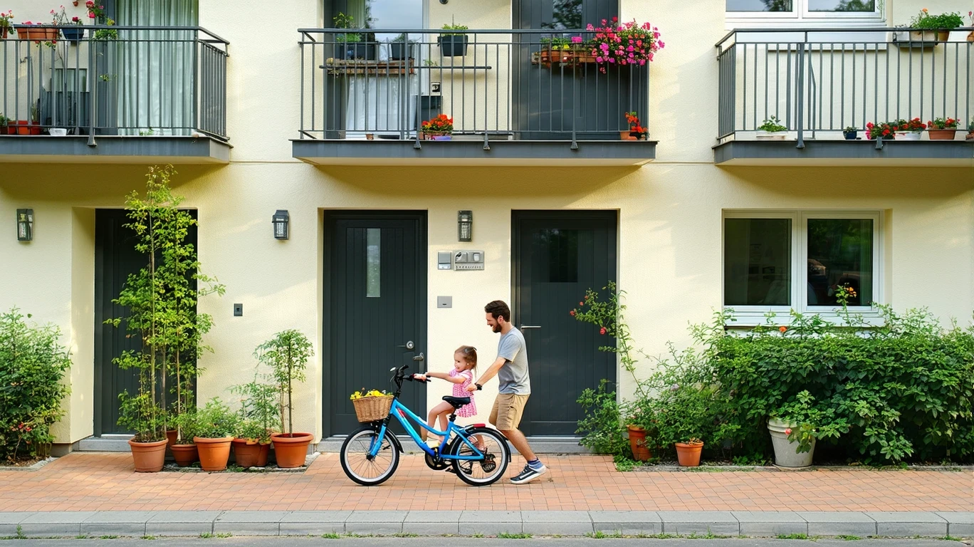 An apartment complex with potted plants by the doors, bicycles on a porch, and a father and daughter on the sidewalk.