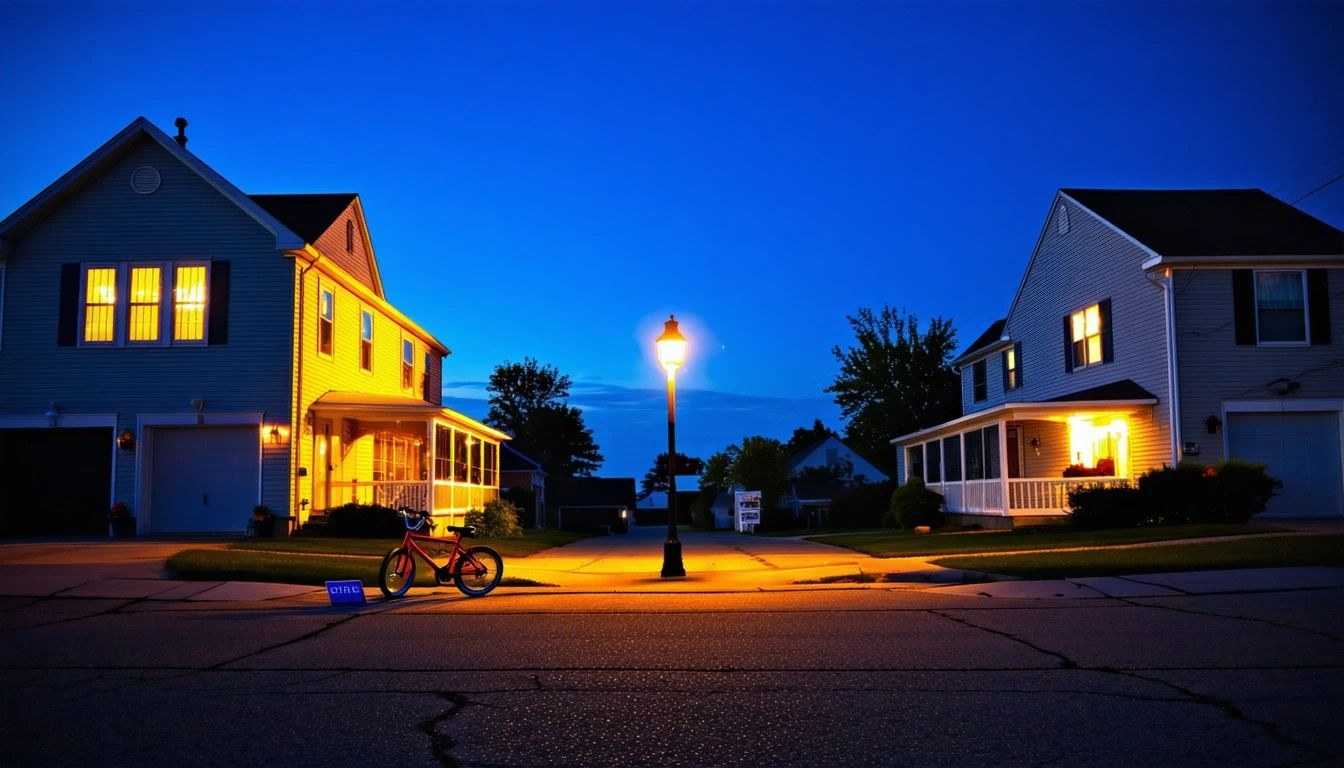 A cul-de-sac in Newington, Connecticut at dusk with homes, porches, and a child's bicycle near the curb.