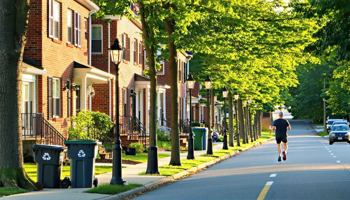 A pleasant street in Bristol, Connecticut with a row of red brick homes, manicured yards, and a jogger on the sidewalk.