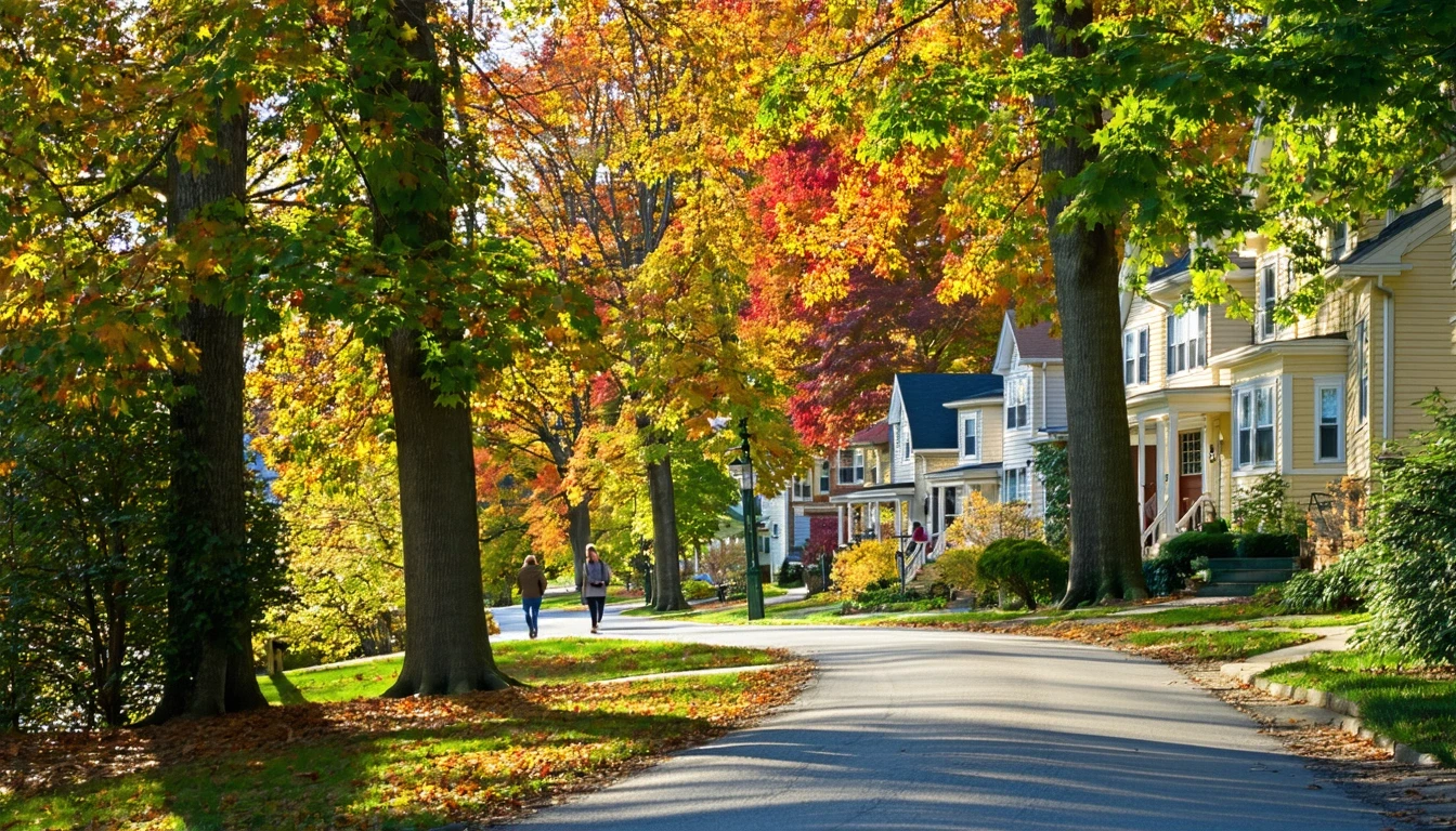 A curving sidewalk under a canopy of colorful fall trees in a Hartford, Connecticut neighborhood, with houses visible through the leaves.
