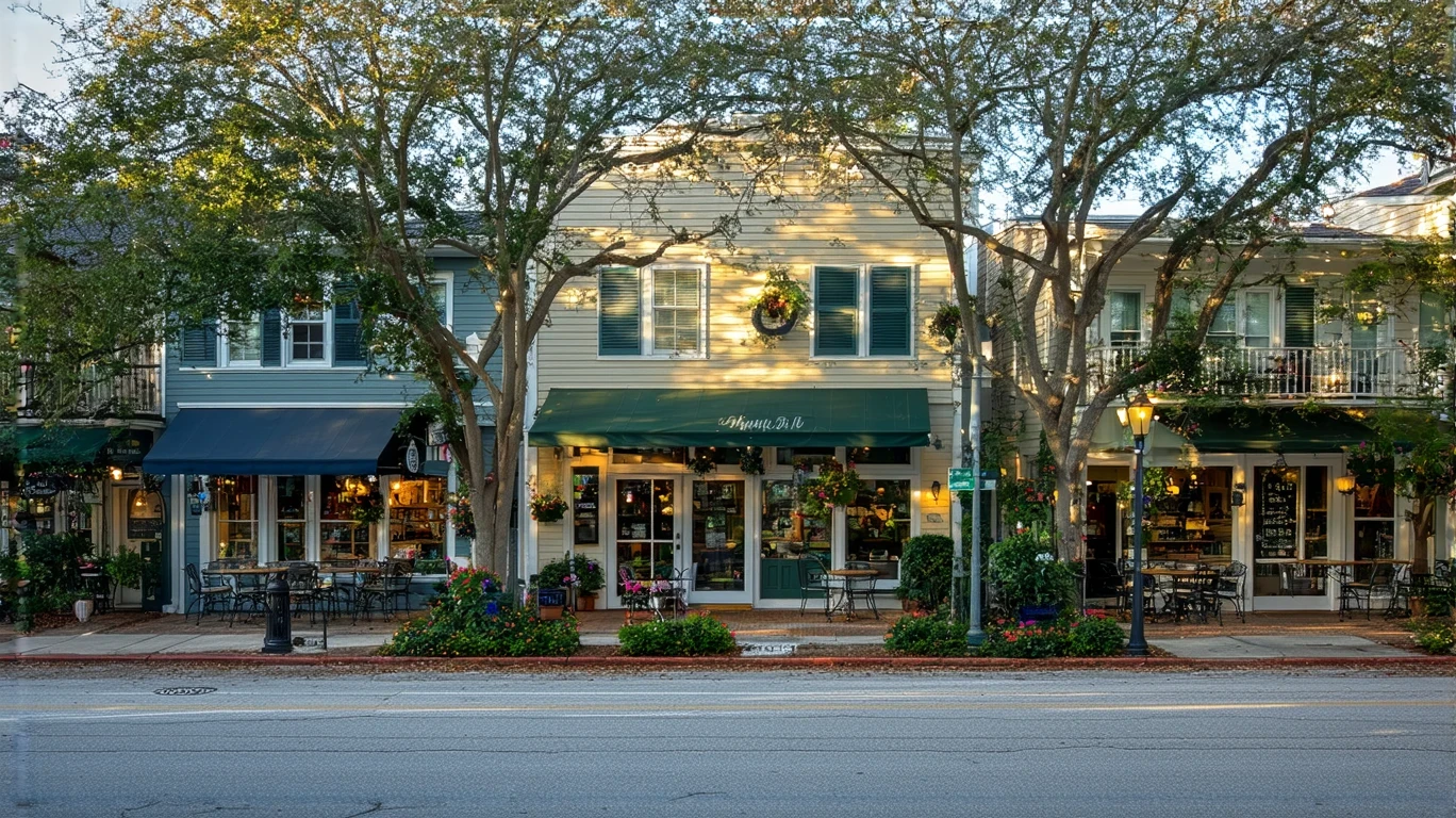 Mom and pop shops along a neighborhood street in Brandon, with outdoor seating and a couple walking by
