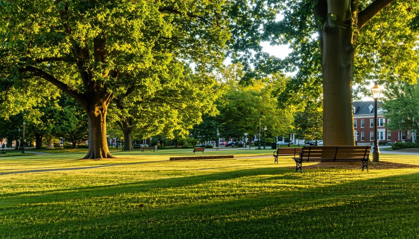 A city park in New Britain, Connecticut at sunset, with a lawn, oak trees, empty benches, and golden-hour light.
