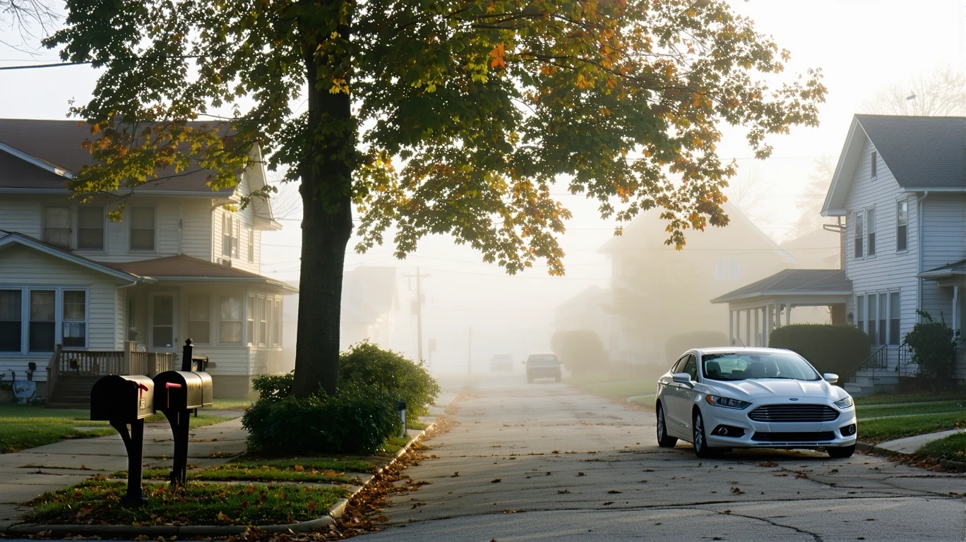 A foggy morning on an Indianapolis street with mailboxes, an old car under a maple tree, and small houses in the mist.