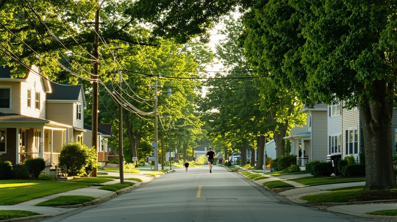 Sunlight filters through maple trees over a residential street in Fishers, Indiana, with tidy homes, sidewalks, and a jogger in the distance.