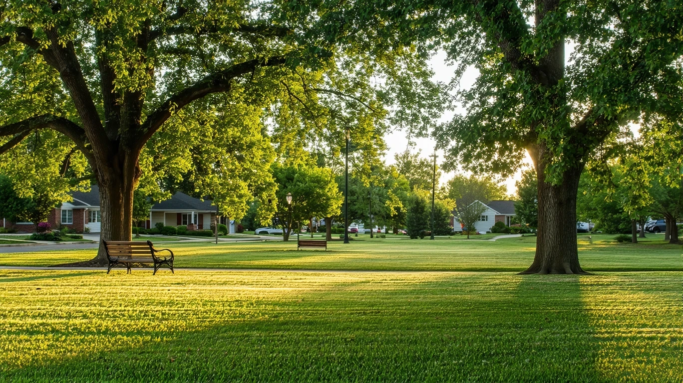 Quiet neighborhood park in Greenwood with green lawn, oak trees, and empty benches in late afternoon light.