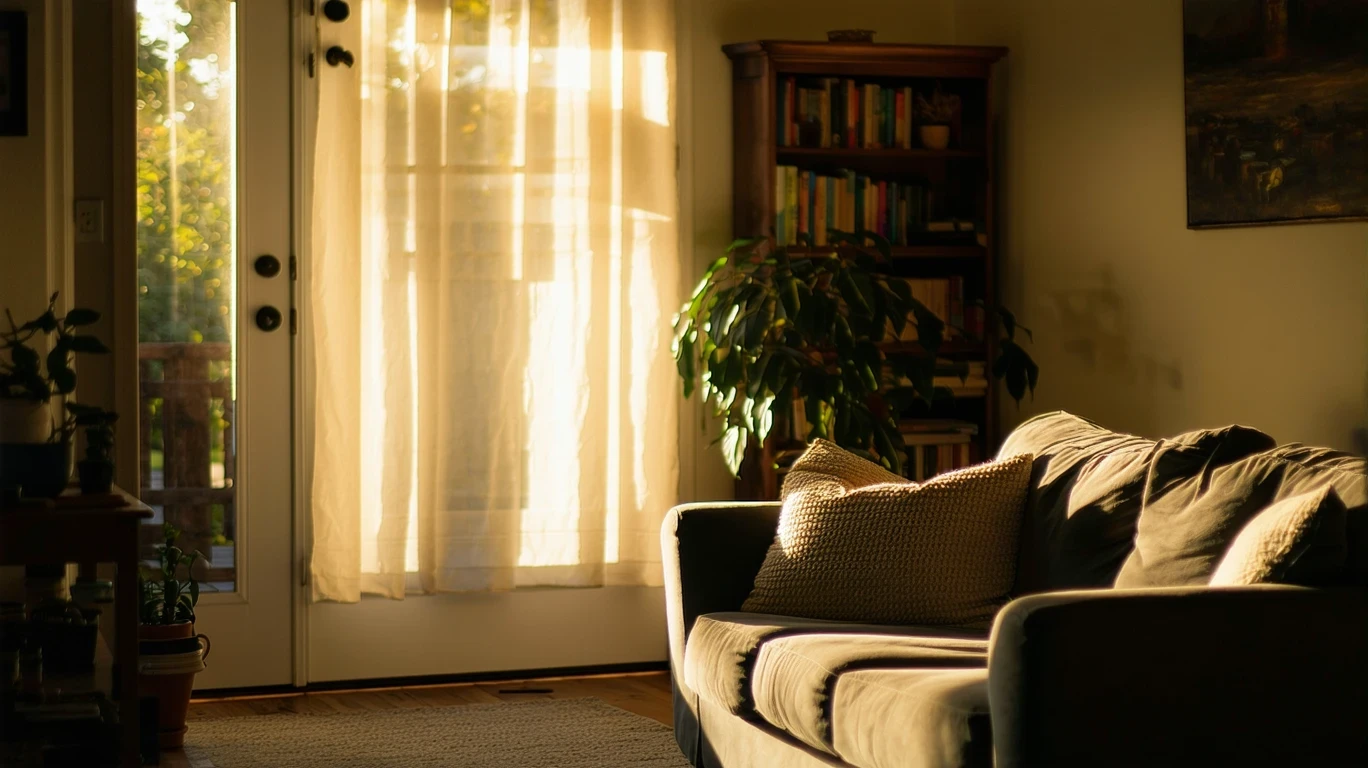 A cozy living room in a Carmel, Indiana home with a couch, bookshelf, and soft natural light filtering through sheer curtains.
