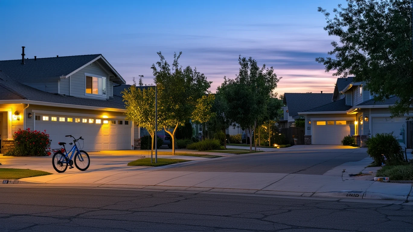 A quiet cul-de-sac in a suburban neighborhood at dusk, with porch lights on and a child's bicycle near the curb.