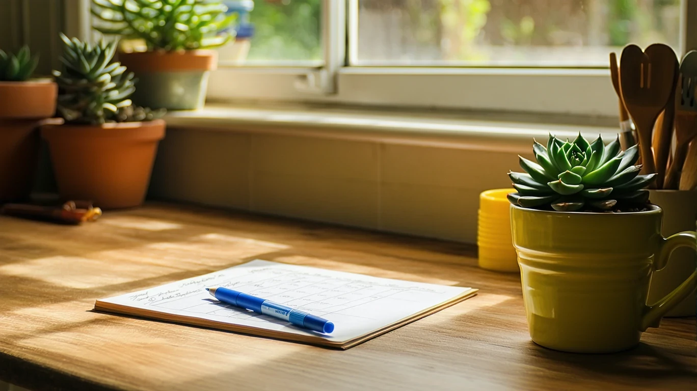A utility bill, pen, and expense notepad on a kitchen table in a Norco home.