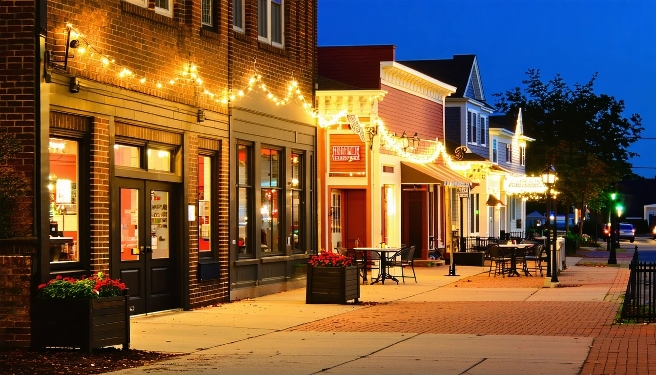 Shops and sidewalk patios along a Bensalem commercial block in the evening, with a few people visible.