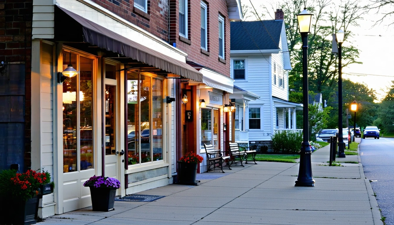 Mom-and-pop shops next to a suburban neighborhood in King Of Prussia, Pennsylvania with sidewalk seating and planters at dusk.