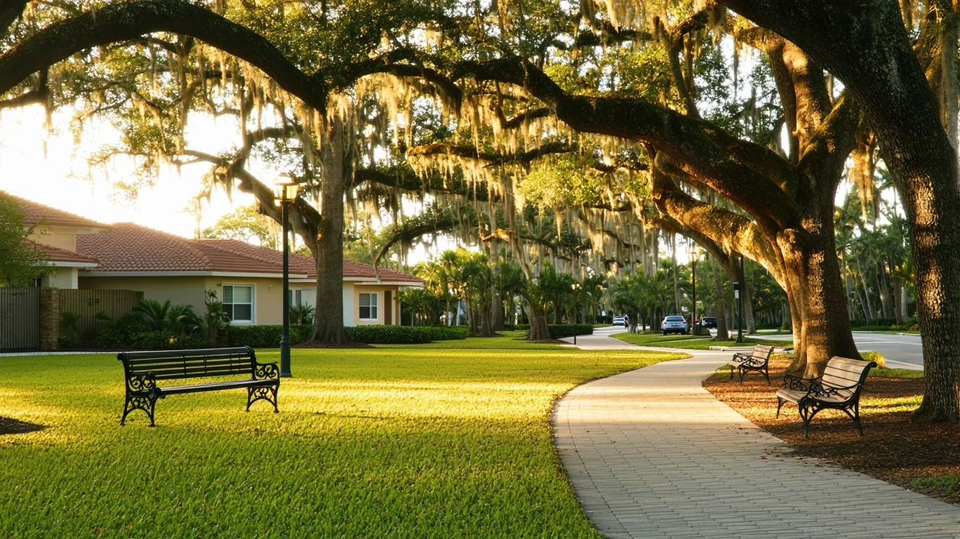 A park in Hollywood, Florida with oak trees, benches, and houses in the background at sunset.