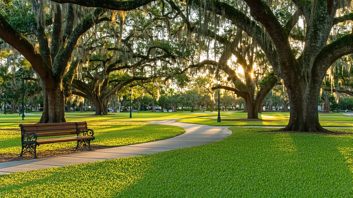 A quiet park in Pembroke Pines with oak trees, empty benches, and golden-hour light stretching across a grassy lawn.