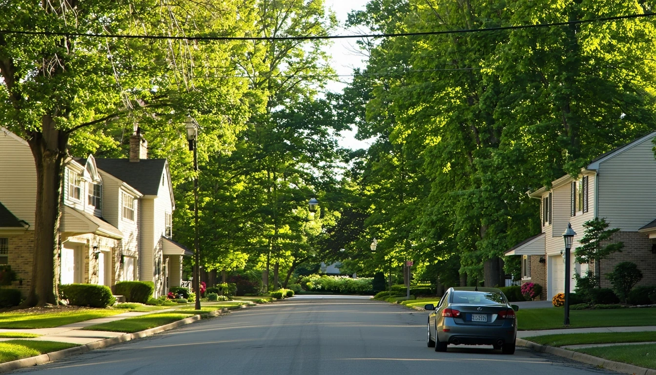 Sunlight shines through maple trees over a quiet residential street in Farmington Hills, Michigan, with telephone wires overhead and well-kept homes.
