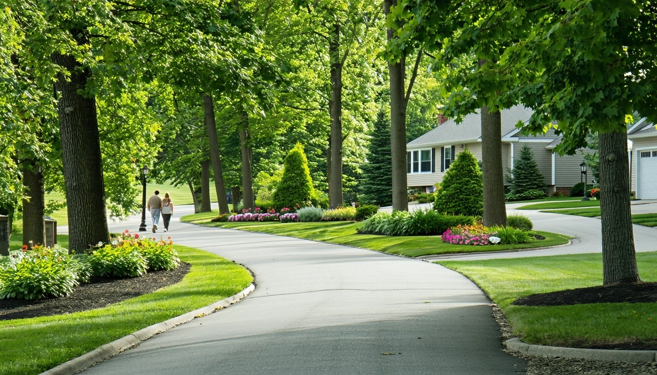 Tree-lined sidewalk curving through a peaceful residential neighborhood in Canton, Michigan.