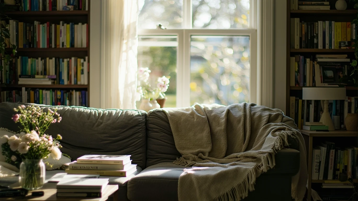 Soft light fills a cozy Naperville living room, revealing a comfortable couch, curtains, and a bookshelf.